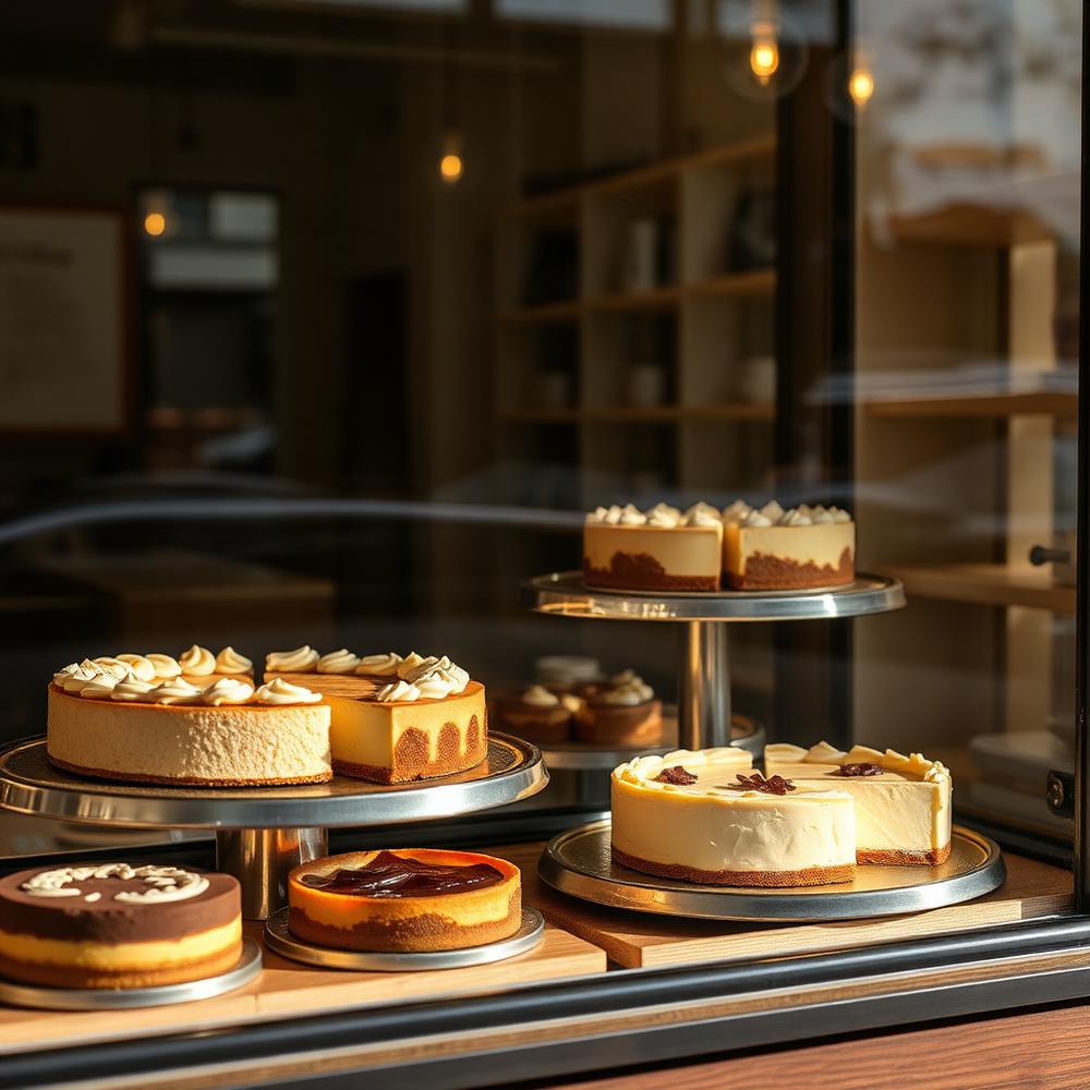 Homemade cheesecakes in the Café Oliv window display