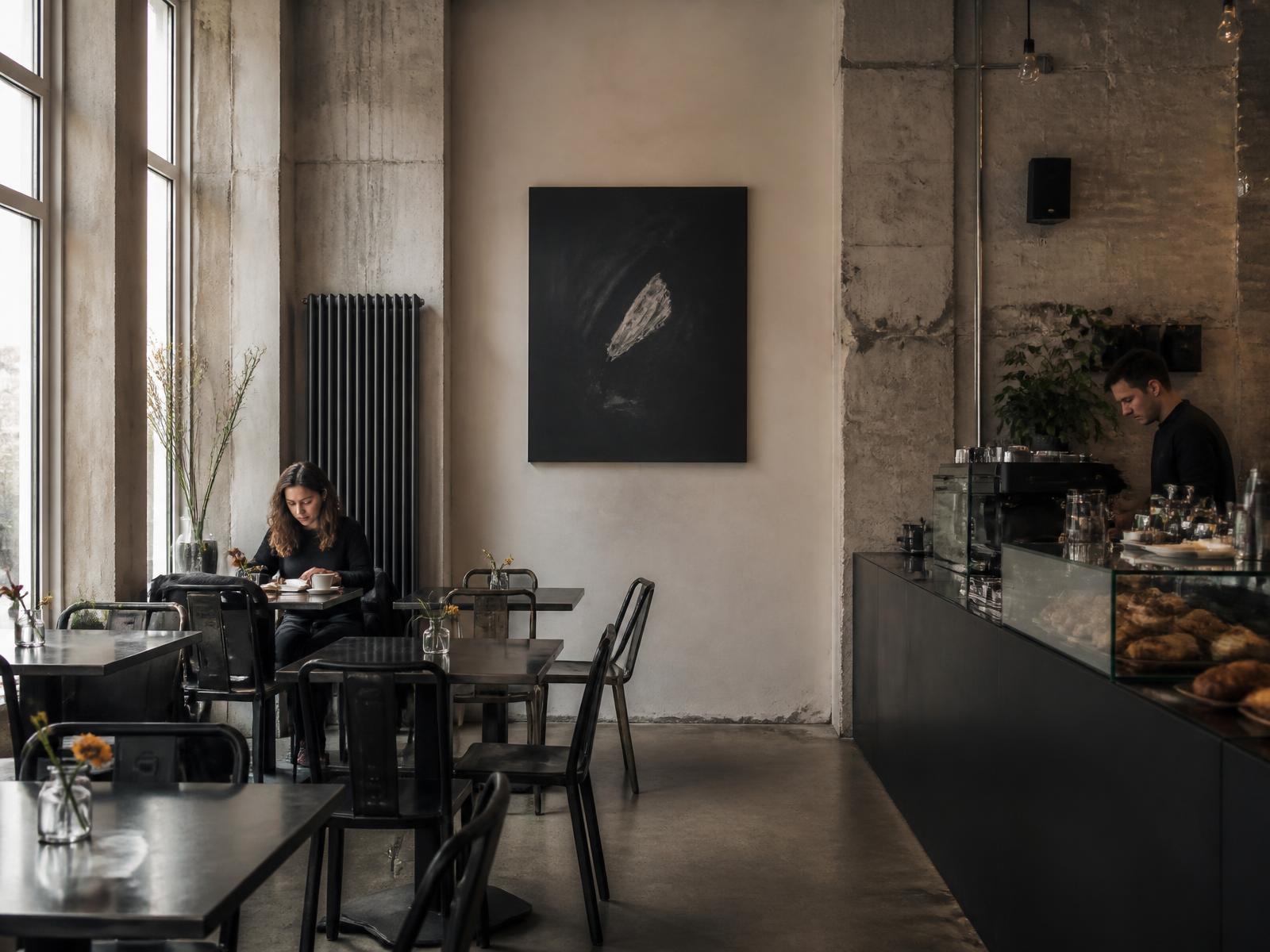 Interior of Café Oliv in Berlin with concrete walls and black steel tables